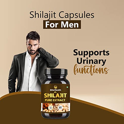 Elite Health SHILAJIT Capsules with Safed Musli and Ashwagandha Extract, Original Himalayan Shilajeeck of 1, Count-60 (Ayush Approved & GMP Certified)