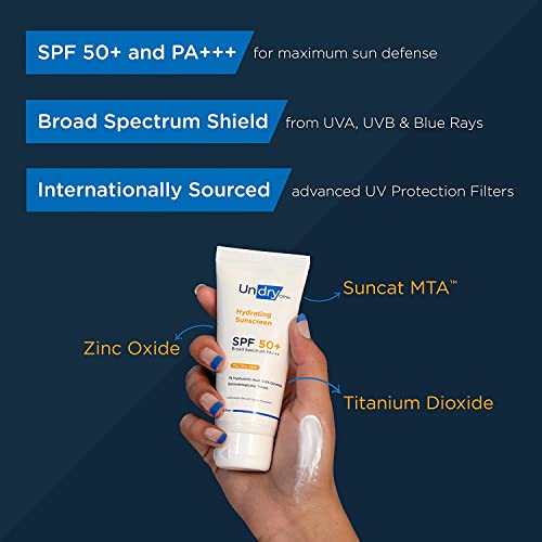 Undry Hydrating Sunscreen for Dry Skin (50gm) Lightweight, Photostable Sunscreen SPF 50 Broad Spectr & Sunscreen for Men; Sun Cream with HA & Ceramide