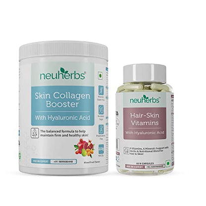 Neuherbs Plant Based Skin Collagen Booster- 210 G and Hair-Skin Vitamins with Biotin- 60 Capsules - Combo Pack of Men's and Women's