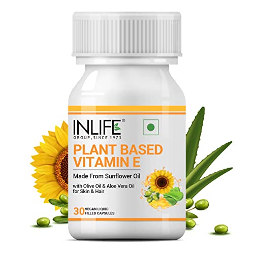 INLIFE Plant Based Natural Vitamin E Oil Capsules for Face and Hair | Sunflower, Olive & Aloe Vera Oils | Skin Health - 30 Veg Caps