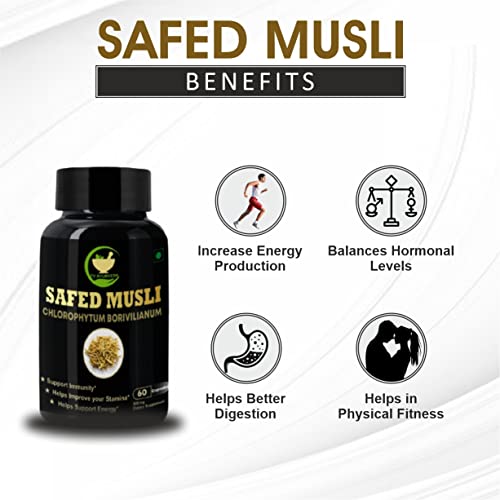 FIJ AYURVEDA Safed Musli Extract Capsule (Chlorophytum Borivilianum) Supports Strength & Stamina – 500mg 60 Capsules (Pack of 1)