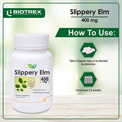 Biotrex Nutraceuticals Slippery Elm 400mg 60 Veg Capsules, Dietary supplement to strengthen Immune Samin for men, women and adults, health supplements