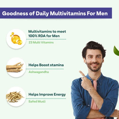 OZiva Natural Multivitamin for Men with Ashwagandha, Akarkara & Choline for Daily Stamina Strength & Energy, 60 Vegetarian Tablets