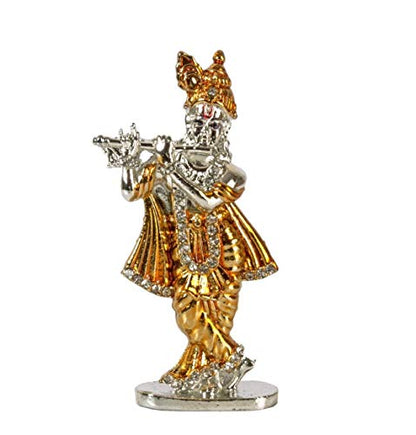 Relicon Lord Krishna Idol (Design-39) Silver Gold Metal Statue for Car Dashboard | Mandir Pooja (L*B*H-4 x 1 x 9 Cm)