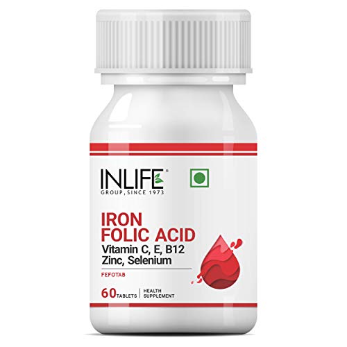 INLIFE Chelated Iron Folic Acid Supplement with Vitamin C, E, B12, Zinc & Selenium for Men Women - 60 Tablets