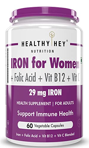 HealthyHey Iron Supplement for Women - With Vitamin B12, Folic Acid & Vitamin C for High Absorption (60 Veg Capsules)