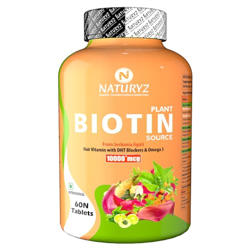 NATURYZ 100% Plant Based Biotin Tablets with High Protein Vitamin DHT Omega 3 for Strong Hairs, Nails Growth & Glowing Skin - 60 Tablets