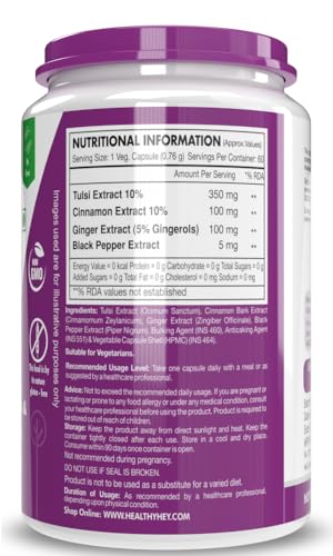 HealthyHey Nutrition Tulsi, Cinnamon, Black Pepper & Ginger Extract Formula for Immunity - 60 Veg Capsules