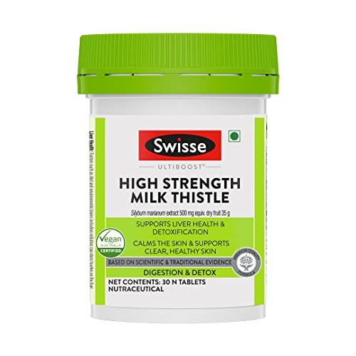 Swisse High Strength Milk Thistle with 500mg Milk Thistle Extract (70:1) for Complete Liver Support, Alcohol Detox - 30 Tablets