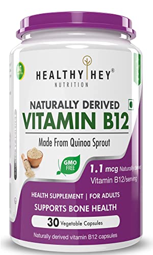 HealthyHey Nutrition 100% Natural Vitamin B12 - Support Immune Health | Non-Synthetic, No-Chemical | 30 Veg. Capsules