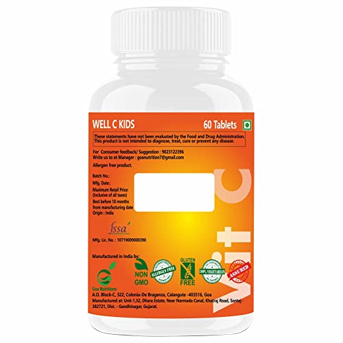 Well-C Vitamin C Tablets Immunity Booster For Kids and Zinc Supplements For Growth Strength Strong Bones Sugar Free Orange Flavor Chewable Tablets -60