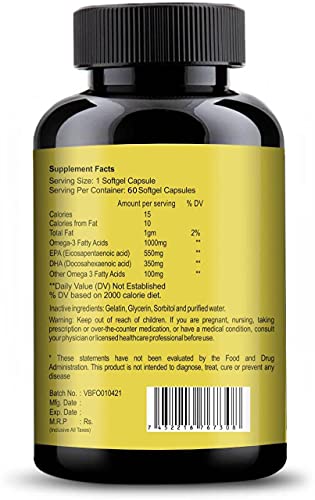 Vokin Biotech Omega 3 Fish Oil (550mg EPA and 350mg DHA), 60 Softgel Capsules