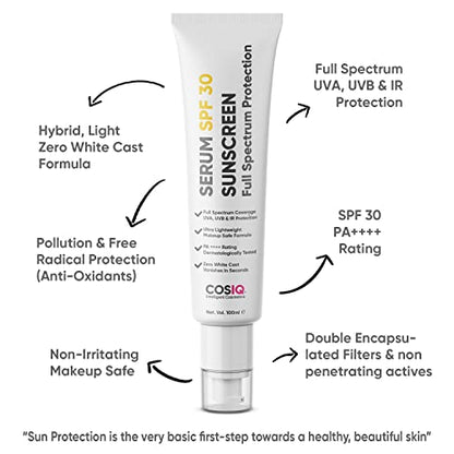 Cos-IQ Daily Use Sunscreen Serum SPF 30 PA++++ Broad Spectrum, 100ml, UVA, UVB and IR Protection, Zee Cast, Ultra Light Weight, Skin Safe, Dewy Finish