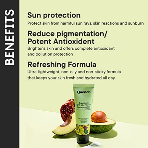 QUENCH Bravocado Sunscreen SPF 50+ PA++++| Korean Sunscreen with Vitamin E & Avocado for Glowing Skiicky| UVA & UVB Protection| For Women & Men (50ml)