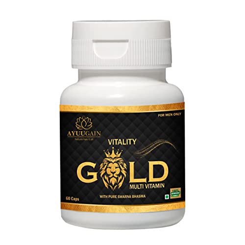 Ayuugain Vitality Gold Capsule with Swarna Bhasma, Shilajit, Safed Musli, Akarkara, Kesar, Jai Phal, Chandan, Vati, Konch Beej - 60 Caps