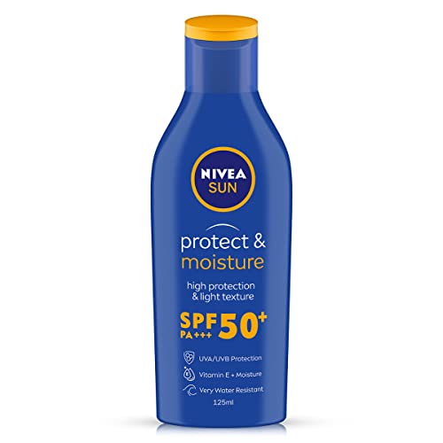 NIVEA SUN Protect and Moisture 125ml SPF 50 Sunscreen| PA+++ UVA - UVB Protection System| Vitamin E + Moisture| Very Water Resistant| For Men & Women