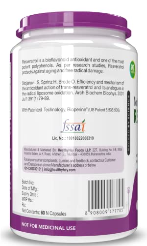 HealthyHey Resveratrol Extract 98% Plus BioPerine for Absorption - 255mg - 60 Vegetable Capsules (Pack of 1)