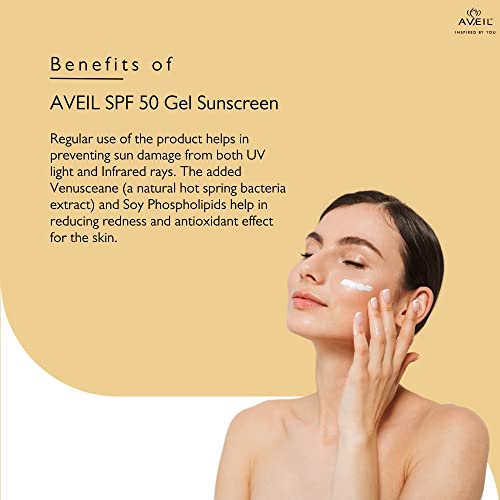 AVEIL SPF 50 Gel Sunscreen - 50ml | Dermatologically Tested For All Skin Types | Non-Greasy Non-Absoays | Rejuvenates & Repairs Skin From Photo-Ageing