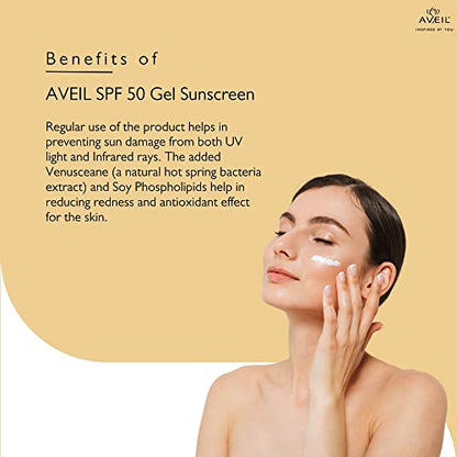 AVEIL SPF 50 Gel Sunscreen - 50ml | Dermatologically Tested For All Skin Types | Non-Greasy Non-Absoays | Rejuvenates & Repairs Skin From Photo-Ageing