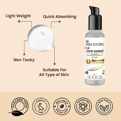The Skin Story Anti-Frizz Hair Serum Non-Sticky, UV Protection with Argan Oil, Almond Oil, Vitamin Erols Frizz, Smoothes, & Repairs Paraben Free 100ml