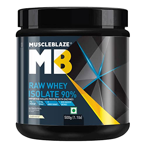MuscleBlaze Raw Whey Isolate 90% with Digestive Enzymes (Unflavoured, 500 g / 1.1 lb)