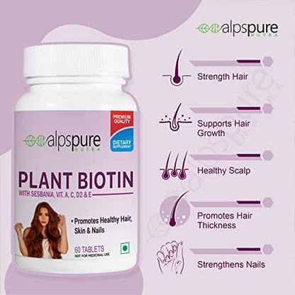 Alpspure Nutra Biotin, Supplements for Hair Growth, Strong Hairs, Glowing Skin & Healthy Nails | Redl Biotin Source Sesbania Extract | 60 Veg. Tablets