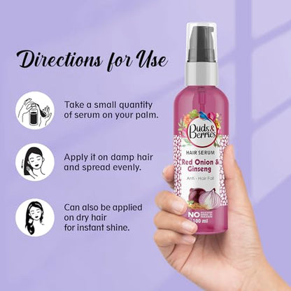 Buds & Berries Red Onion and Ginseng Anti-Hairfall Hair Serum | Reduces Split Ends and Conditions Ha | 100ml | No Paraben, No Silicone, No Mineral Oil