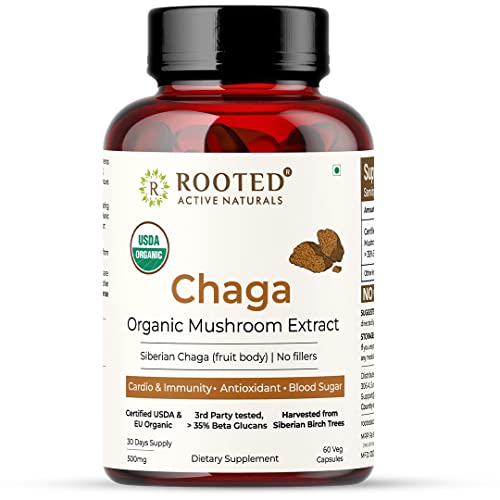 Rooted Chaga mushroom Extract Capsules (60 Caps, 500 mg) |Blood Sugar, Heart & Immunity. USDA Organic, 35% Beta Glucans Certified organic Siberian