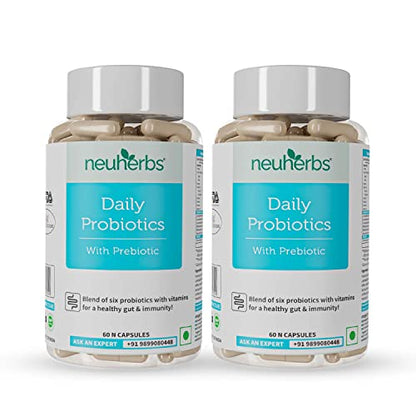 Neuherbs Daily Probiotics with Prebiotic, Blend of six healthy Probiotics (20 Billion CFU) with addemunity & Gut Health - 120 Capsules for Women & Men