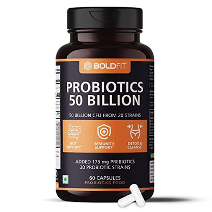 Boldfit Probiotics Supplement For Women and Men 50 Billion CFU, 16 Strains with Prebiotics - 60 Veg Capsules, (Probiotics50B60)