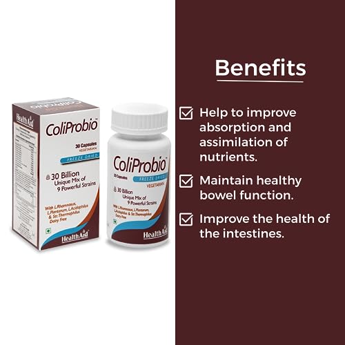 HealthAid ColiProbio - 30 Capsules |Promotes Overall Gut Health |9 Researched Live Probiotic Strainsport Healthy Bowel Function |Support Immune System