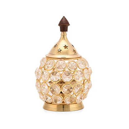 Collectible India Akhand Diya Diyas Decorative Brass Crystal Oil Lamp, Tea Light Holder Lantern Oval Shape