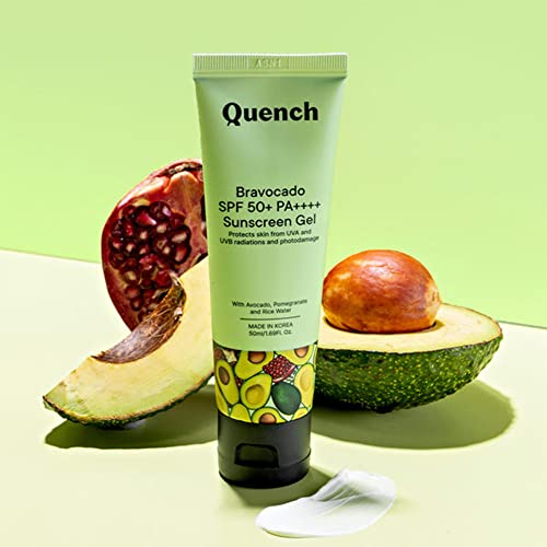 QUENCH Bravocado Sunscreen SPF 50+ PA++++| Korean Sunscreen with Vitamin E & Avocado for Glowing Skiicky| UVA & UVB Protection| For Women & Men (50ml)