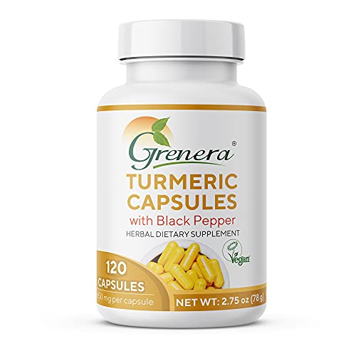 Grenera Turmeric Capsules (Haldi with Black Pepper) 120 Veg Capsules, Curcumin Supplement, 650 mg each