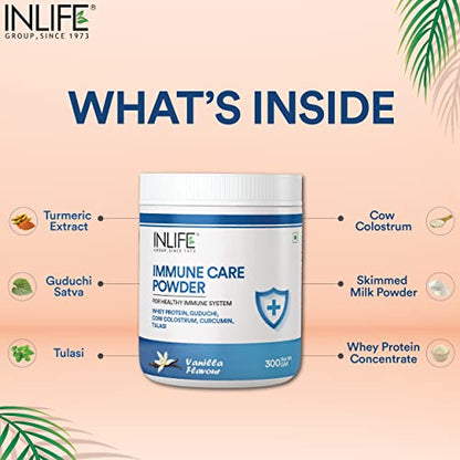 INLIFE Immune Care / Booster Protein Powder, Whey Protein with Ayurvedic Herbs, Turmeric, Guduchi, Tulasi, Colostrum - 300g (Vanilla)