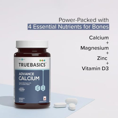 TrueBasics Advance Calcium Tablets for Women and Men, with Vitamin D3, Vitamin K2-MK7, Magnesium, Zinically Researched Ingredients, 90 Calcium Tablets