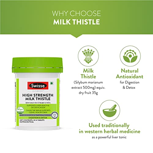 Swisse High Strength Milk Thistle with 500mg Milk Thistle Extract (70:1) for Complete Liver Support, Alcohol Detox - 30 Tablets