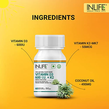 INLIFE Plant Based Vegan Vitamin D3 K2 Supplement with Extra Virgin Cold Pressed Coconut Oil for Bone Health & Immunity, 600 IU - 2x 60 Veg Caps