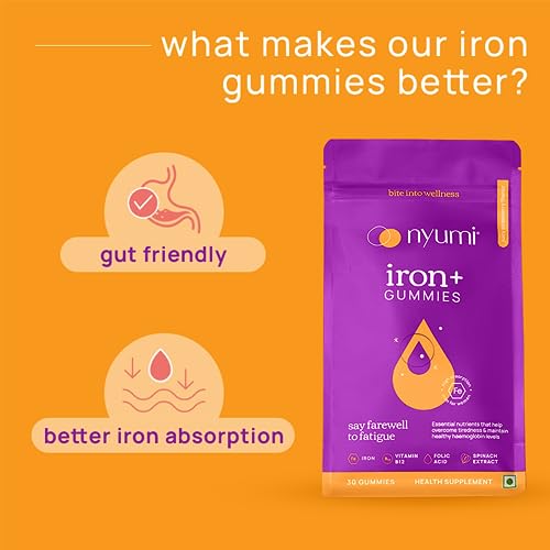 Nyumi Iron+ Gummies | Boosts Energy, Reduces Fatigue, & Fights Anemia | Folic Acid, Zinc, Spinach Extract & Vitamin B12 | | Pack of 1 | 30 Gummies