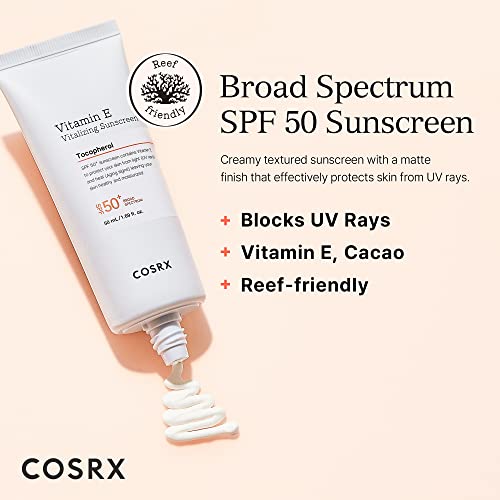 COSRX Vitamin E SPF 50+ Daily Sunscreen, Reef Safe, No Whitecast, OTC Vitalizing Sunscreen, Strong Protection Against UVA and UVB Rays | 50ml