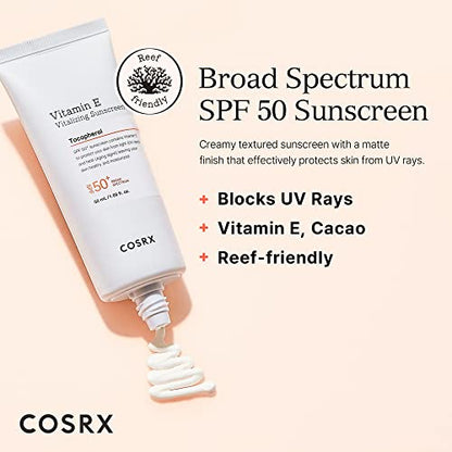 COSRX Vitamin E SPF 50+ Daily Sunscreen, Reef Safe, No Whitecast, OTC Vitalizing Sunscreen, Strong Protection Against UVA and UVB Rays | 50ml