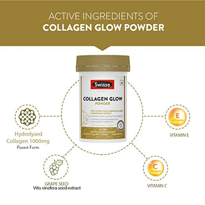 Swisse Collagen Glow Powder with 1000mg Hydrolised Collagen (Purest Form) and Grape Seed Extract - 30 Servings (For Both Men & Women)