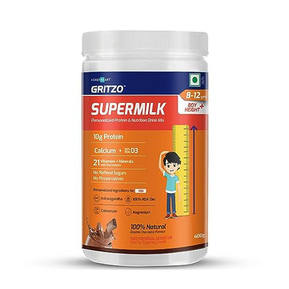 Gritzo Supermilk Height+ For 8-12Y Boys,100% Natural Double Chocolate,400 G,Powder