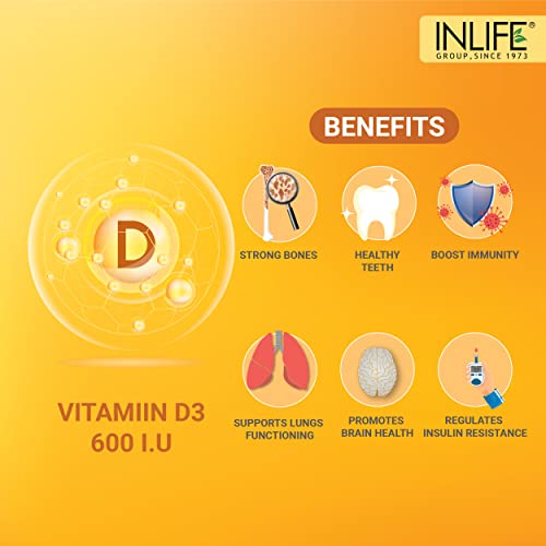 INLIFE Vitamin D3 600 IU Cholecalciferol Supplement with Coconut Oil for Better Immunity, Bone Health, Muscles - 60 Caps (2 Pack)