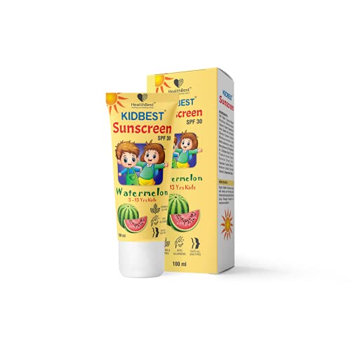 HealthBest Kidbest Sunscreen for Kids | SPF 30 UVA/UVB | Safe for Sensitive Skin | Tear, Paraben, SLS free | Watermelon Flavor | 100ml