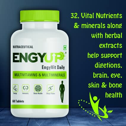 ENGYUP EngyVit Daily Multivitamin & Multimineral (60 Veg Tablets) | Blends of 32 Vital Ingredients & Herbal Extracts