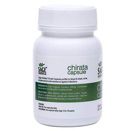 Sage Herbals Chirata for Blood Purification and Helps to Remove Pimples and Acne, 30 Capsules