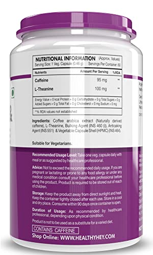 HealthyHey Nutrition Natural Caffeine Plus L-Theanine (60 Vegetable Capsules)