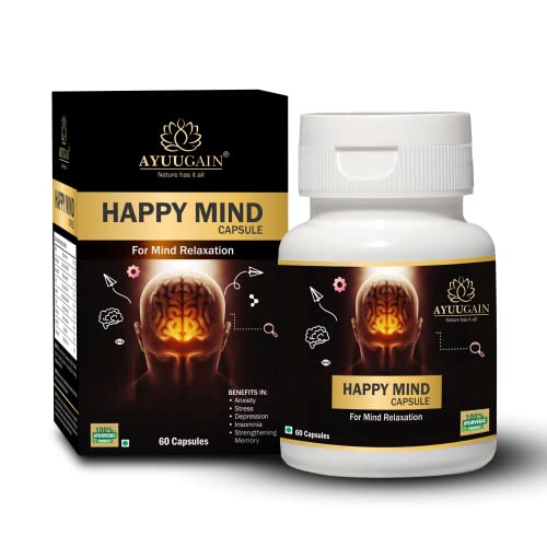 Ayuugain Happy Mind Capsule with Brahmi Bacopa Monnieri, Shankhpushpi, Ashwagandha, Vacha & More – 60 Veg. Capsules