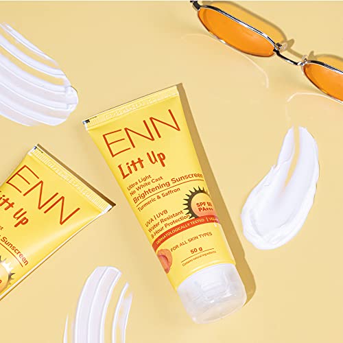 ENN Litt Up Ultra Light Brightening Sunscreen Spf 50, No White Cast, UVA & UVB Protection with Turmeric & Saffron for Glowing Skin, 50gm